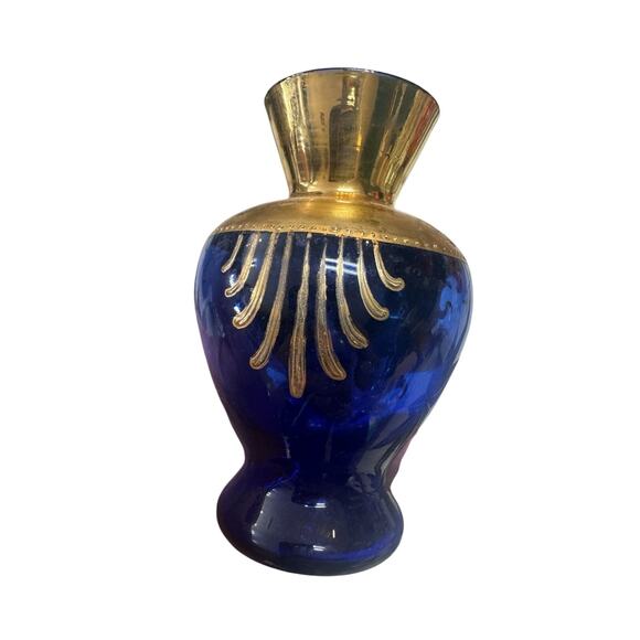 Hand-Painted Cobalt Blue Glass Vase w/3D Enamel Floral &24k Gold Gilt Detailing - Picture 3 of 6